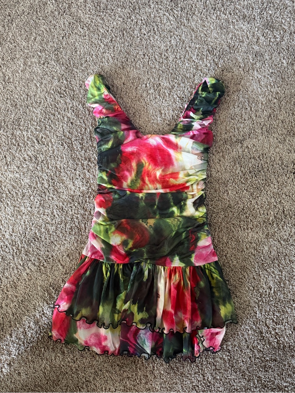 Anthropologie Pink, Green and Yellow floral Tie-Dye Ruffle Mesh dress